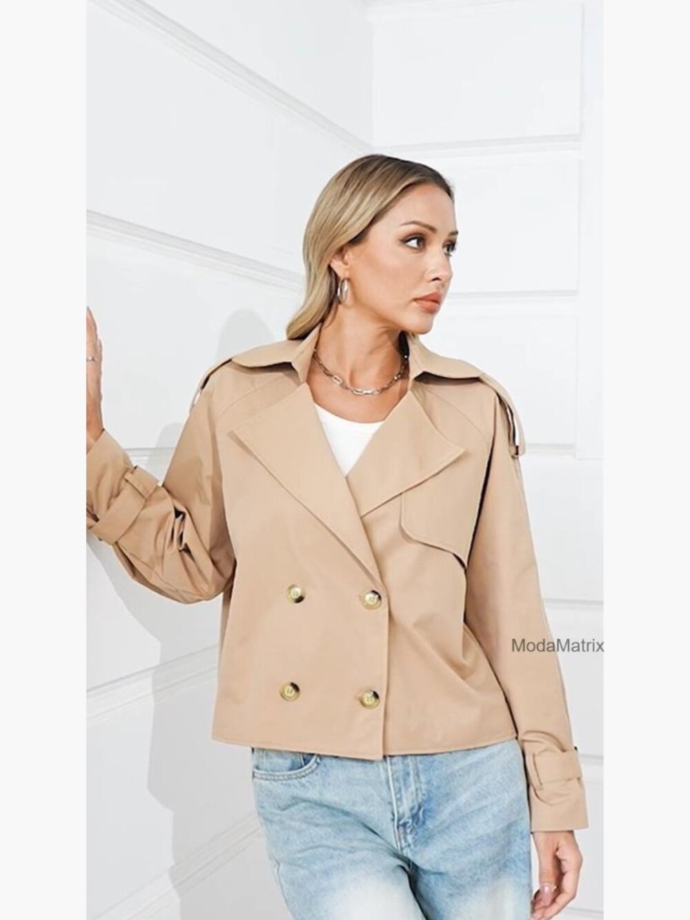 Cropped Trench Coat Oversized Double Breasted Lapel Long Sleeve Short Jacket - Picture 7 of 7